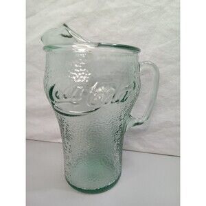 Coca-Cola Green Pebbled Glass Pitcher w/ Ice Lip & Handle 64 oz. Vintage‎